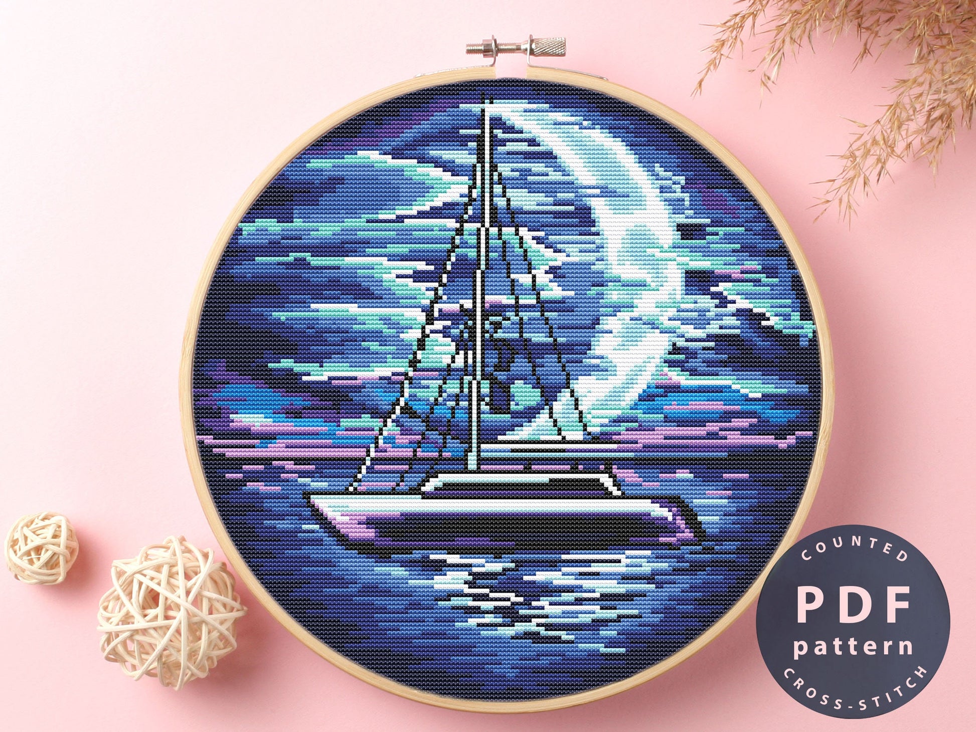 Moonlit Sea Cross Stitch Pattern: Easy Modern Embroidery (PDF Pattern)