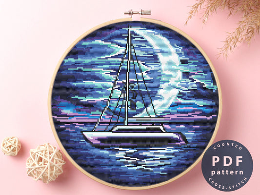 Moonlit Sea Cross Stitch Pattern: Easy Modern Embroidery (PDF Pattern)