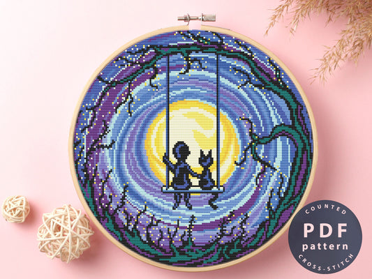 Boy and Cat Cross Stitch Pattern: Moonlit Swing DIY (PDF Pattern)