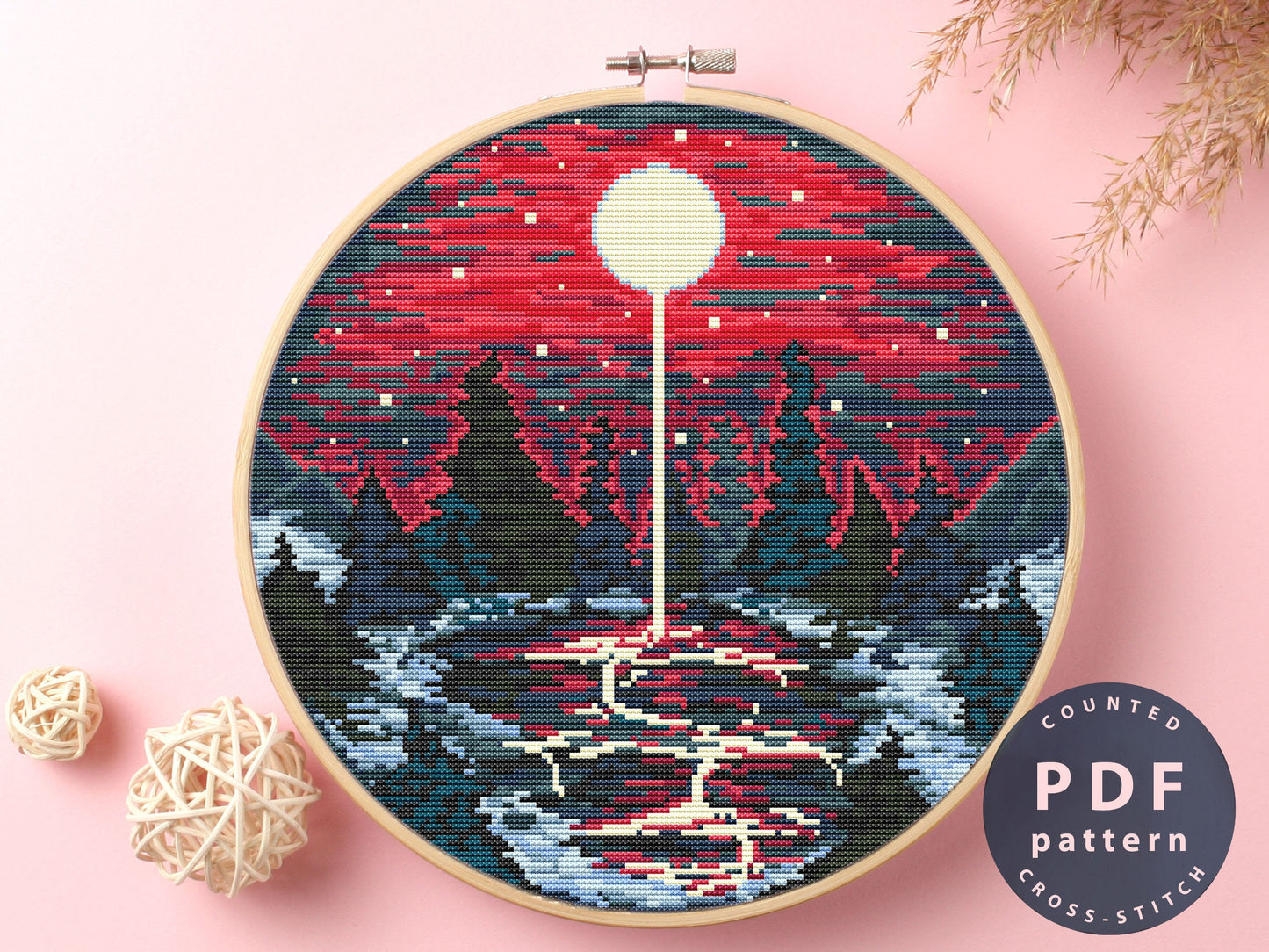 Moonlit Landscape Cross Stitch Pattern: DIY Home Decor (PDF)