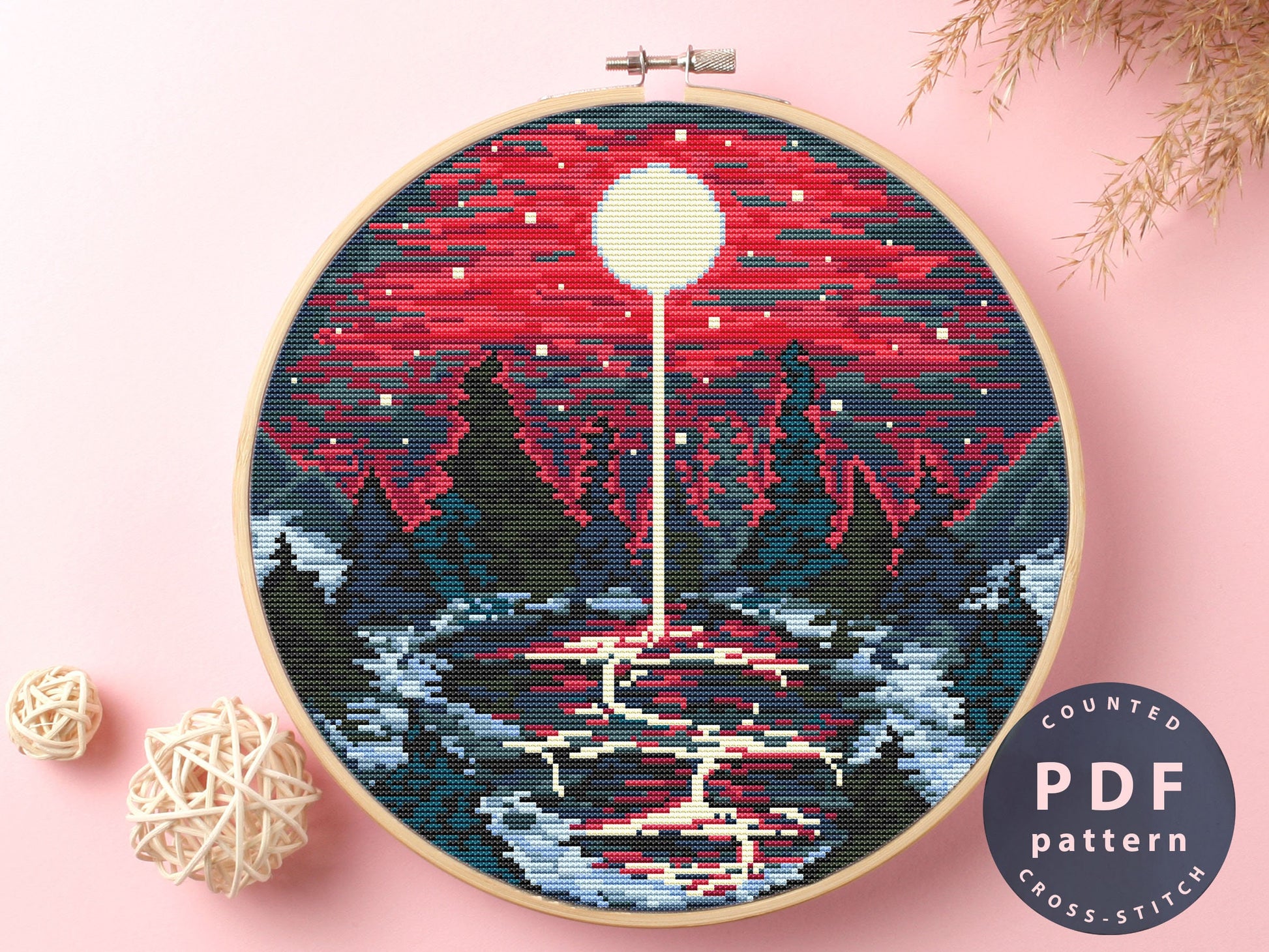 Moonlit Landscape Cross Stitch Pattern: DIY Home Decor (PDF)