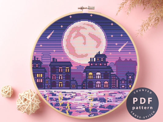 Moonlight Night Cross Stitch Pattern: DIY Home Decor (PDF)