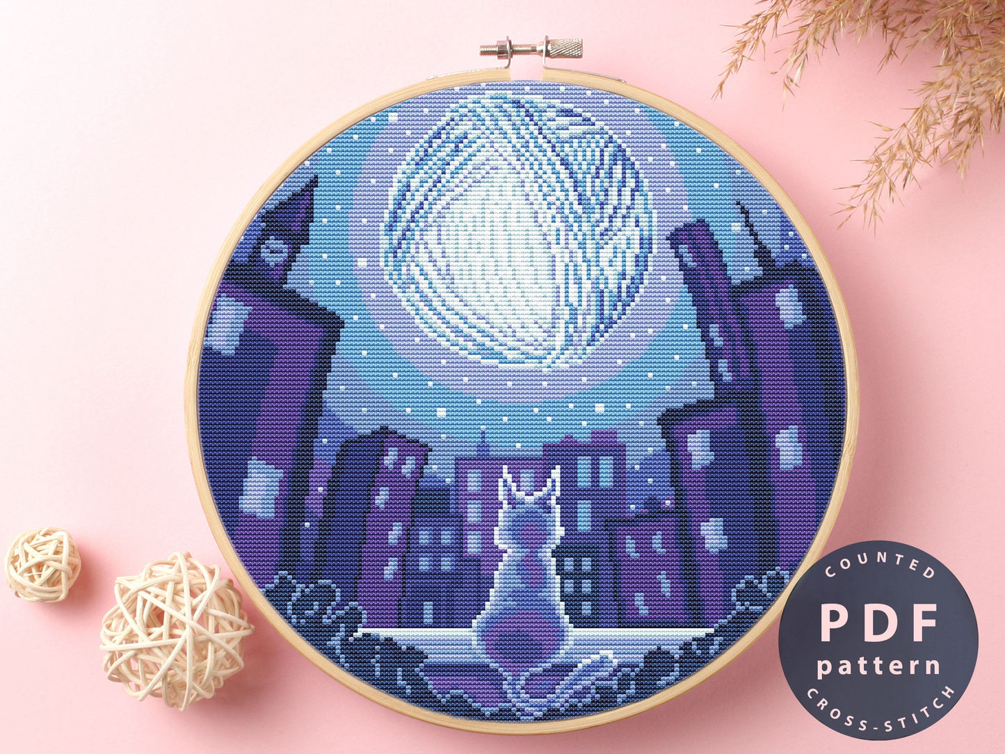 Cat Moon Cross Stitch Pattern: Cityscape Embroidery (PDF Pattern)