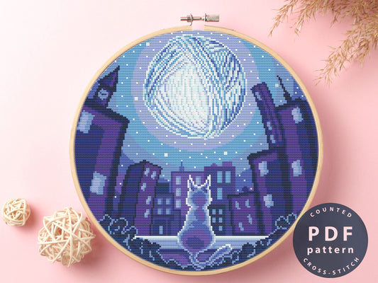 Cat Moon Cross Stitch Pattern: Cityscape Embroidery (PDF Pattern)