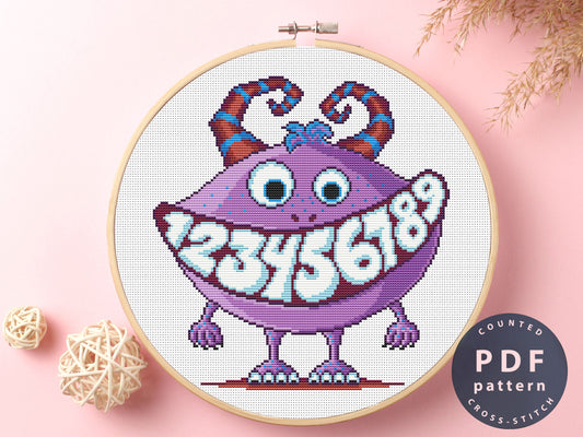 Monster Beginner Cross Stitch Pattern: Number Teeth (Digital Download)