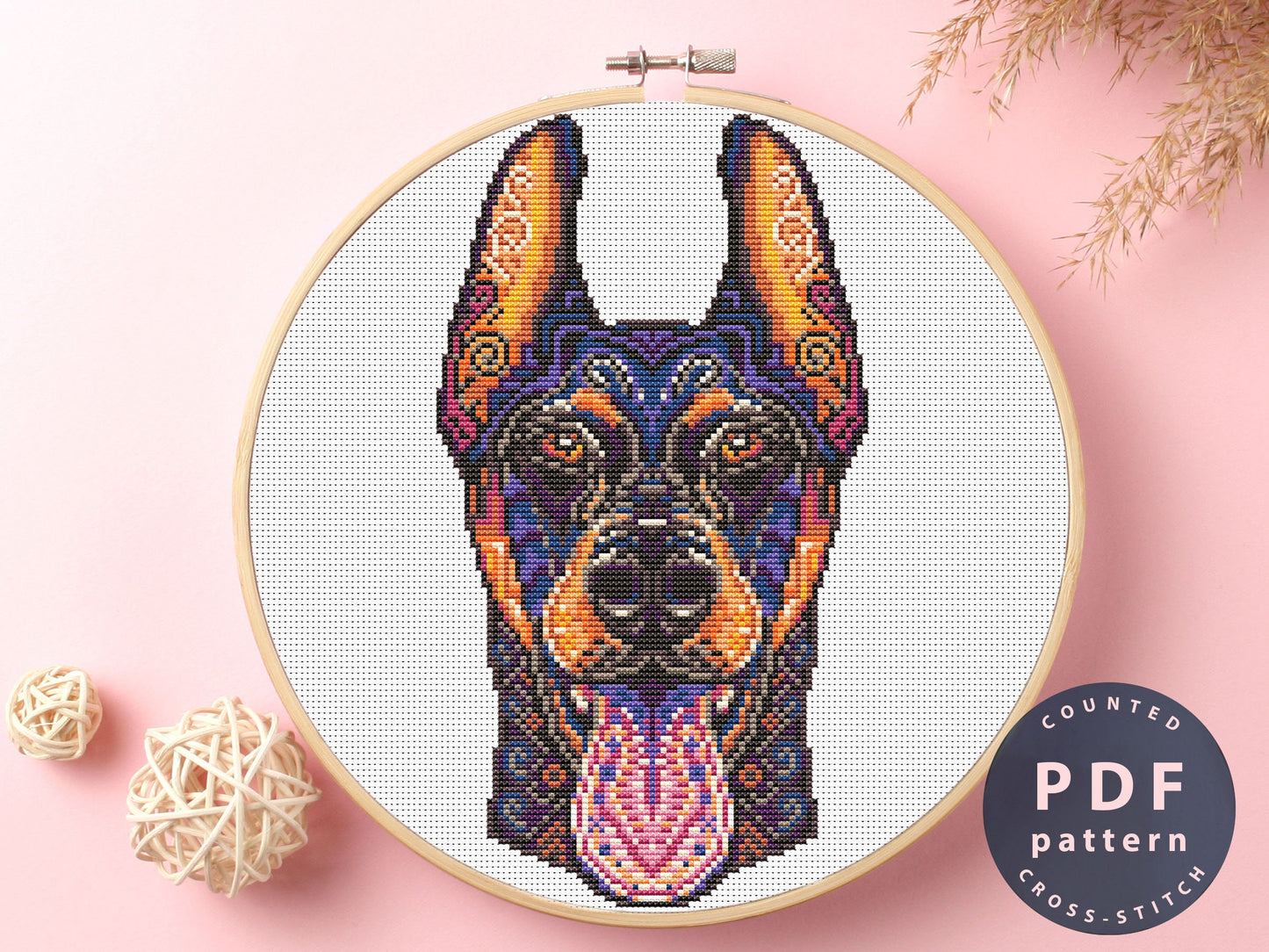 Dobermann Cross Stitch Pattern: Modern Dog Portrait (PDF Pattern)