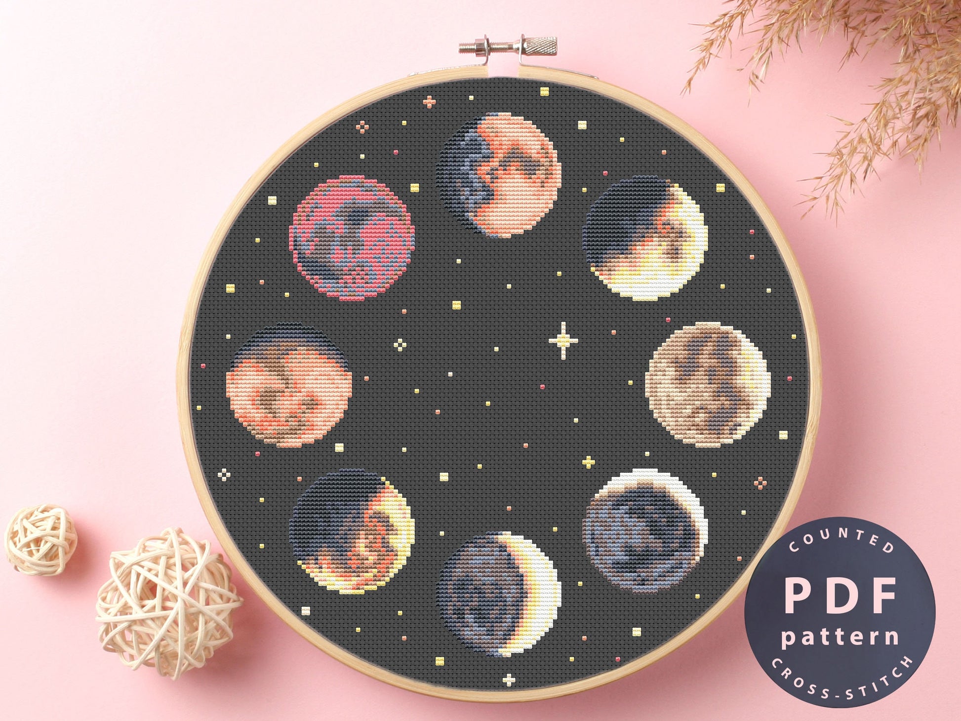 Moon Phases Cross Stitch Pattern: Modern Beginner Embroidery (PDF Pattern) #EMX319