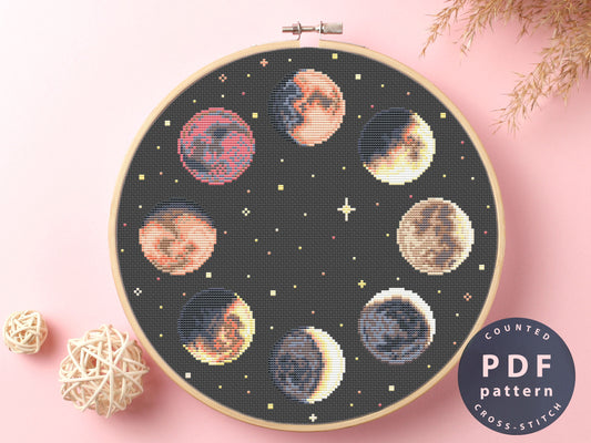 Moon Phases Cross Stitch Pattern: Modern Beginner Embroidery (PDF Pattern) #EMX319