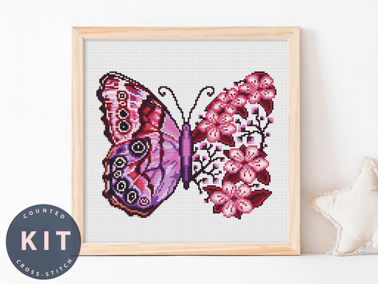Butterfly Counted Cross Stitch Kit: Modern Floral Design