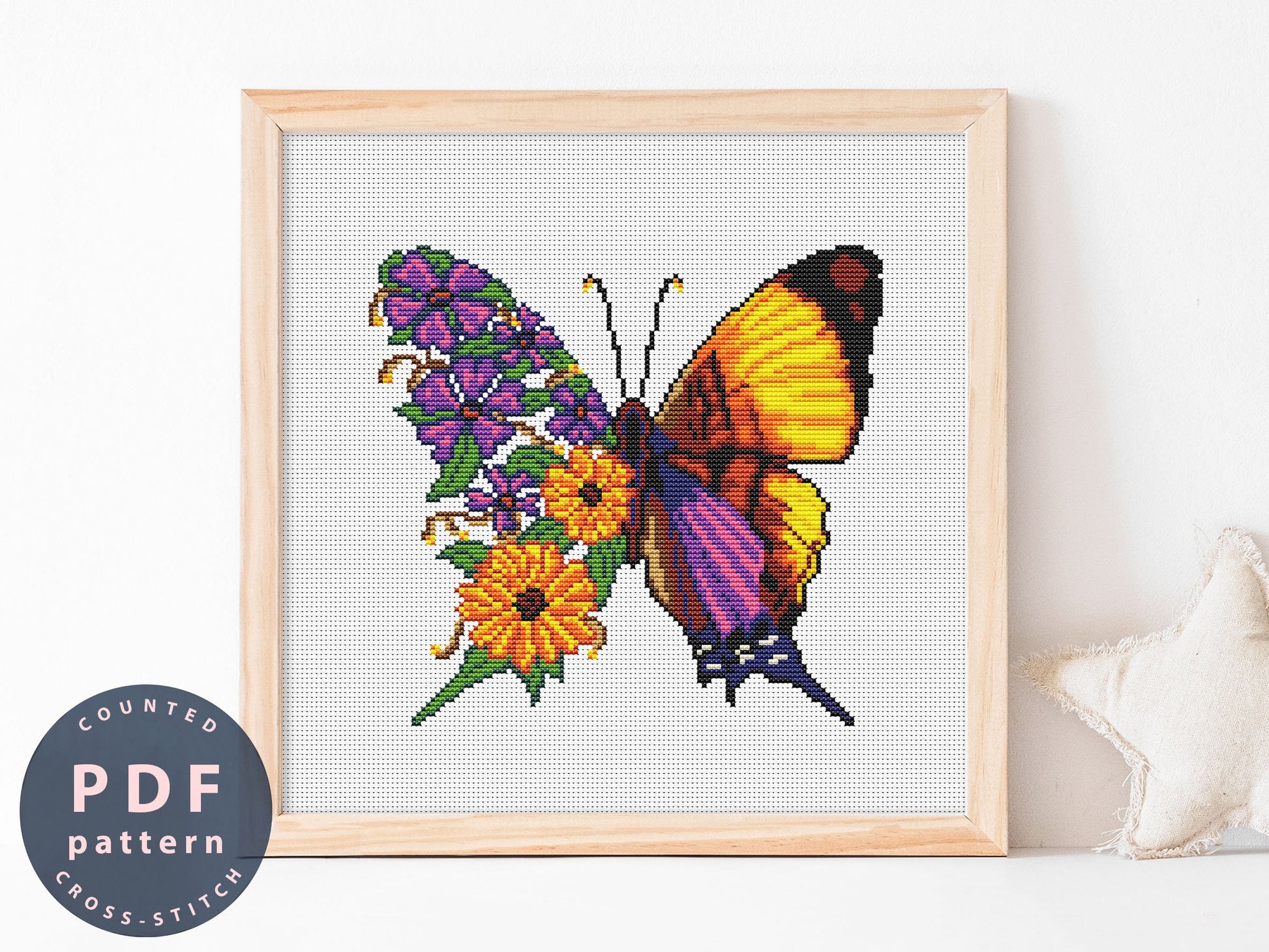 Floral Butterfly Cross Stitch Pattern: DIY Home Decor (PDF Pattern)