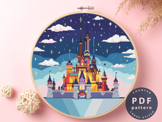Cinderella Castle Cross Stitch Pattern: Cartoon Embroidery Design (PDF Download)