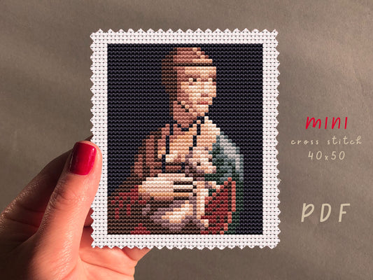 Da Vinci Lady With An Ermine Cross Stitch Pattern: Beginner Embroidery (PDF Pattern)