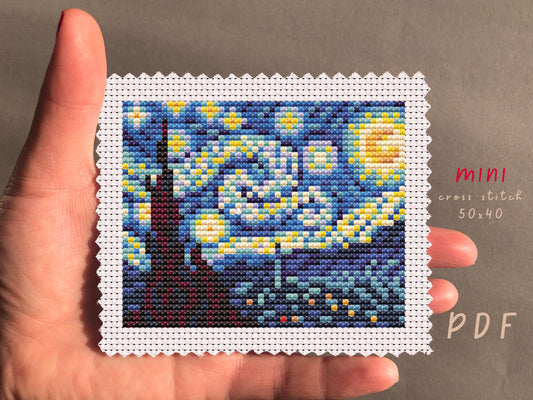Van Gogh Starry Night Mini Cross Stitch Pattern: Beginner Embroidery (PDF Pattern)