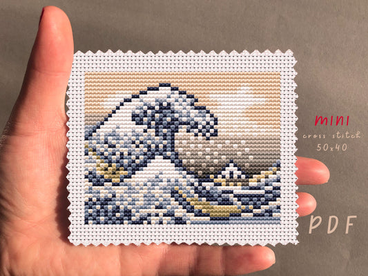 The Great Wave of Kanagawa | Katsushika Hokusai | Mini Cross Stitch PDF Pattern   | Beginner Embroidery | Tiny Cross Stitch | #EMX478