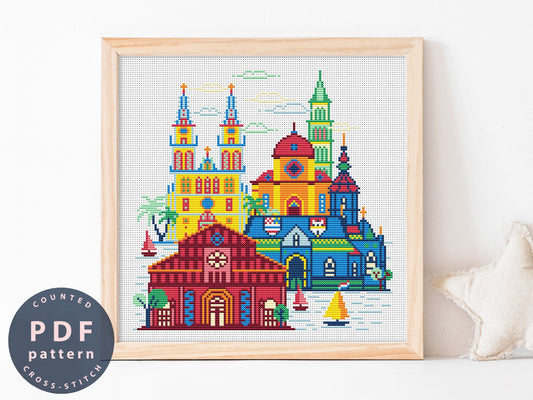 Croatia Cross Stitch Pattern: Colorful Cityscape (Digital Download)