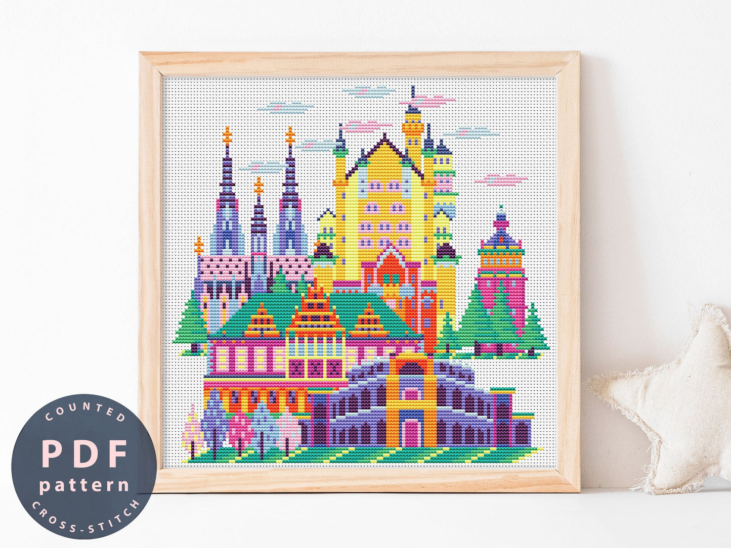 Germany Cross Stitch Pattern: Colorful City Skyline (Digital Download)