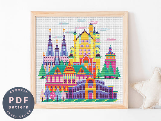 Germany Cross Stitch Pattern: Colorful City Skyline (Digital Download)