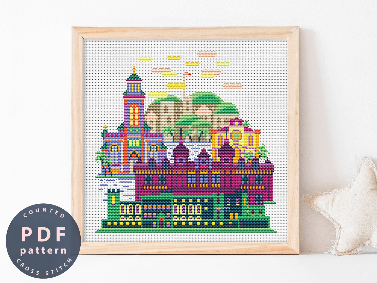 Monaco Cross Stitch Pattern: Cityscape DIY Embroidery (Digital Download)