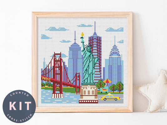 New York City Skyline Cross Stitch Kit: DIY Embroidery (8 inch Hoop Optional)