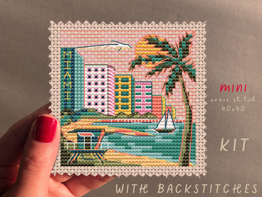 Miami Skyline Cross Stitch Kit: Beginner Embroidery (40x40 Stitches)
