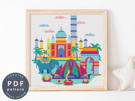 India Cross Stitch Pattern: Modern City DIY Embroidery (PDF Pattern)