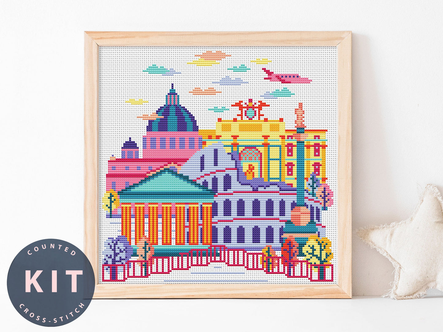 Roma Cross Stitch Kit: Minimalist Cityscape DIY Embroidery