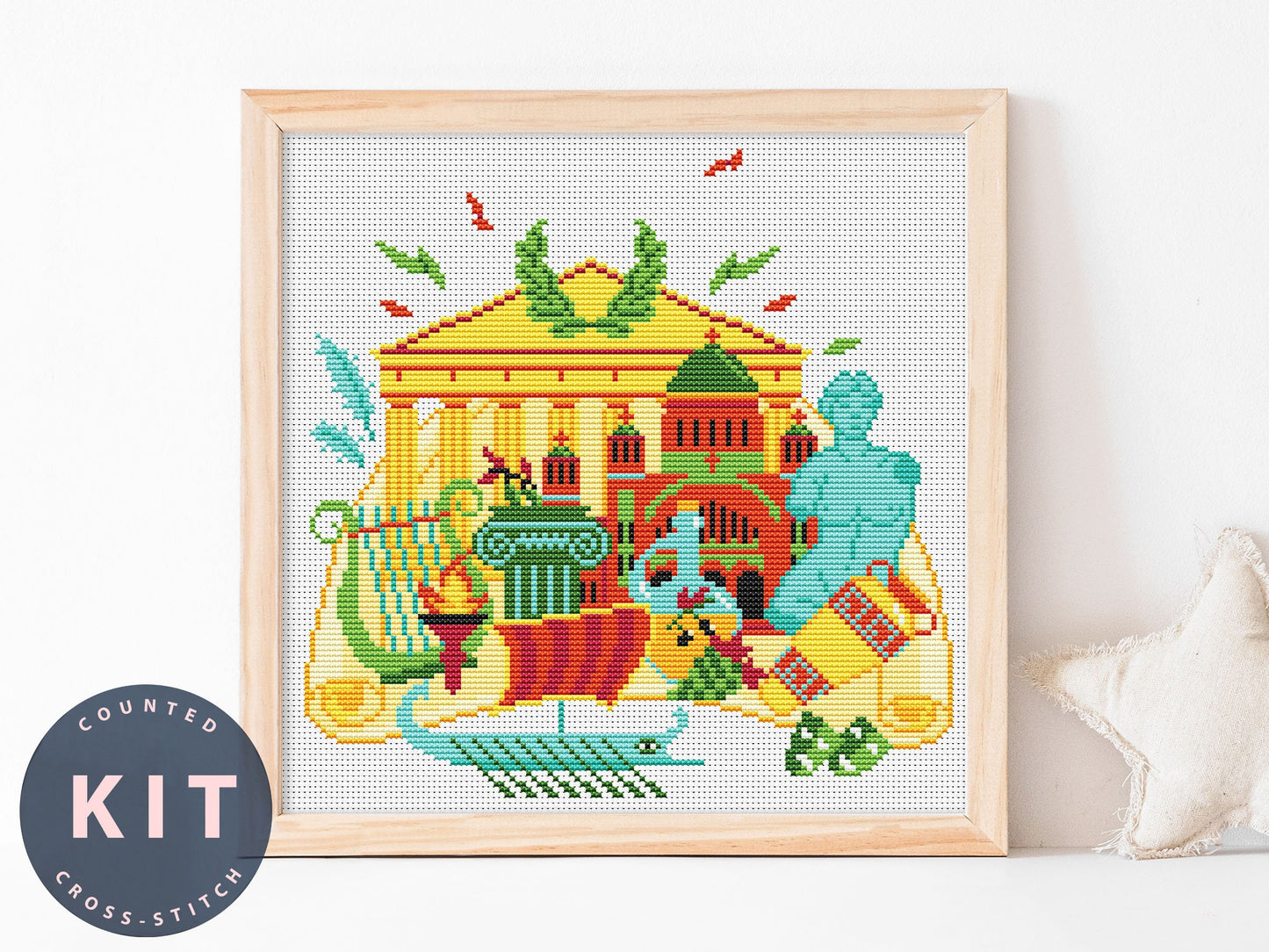 Greece Cross Stitch Kit: Modern City Design, DIY Embroidery (PDF Pattern)