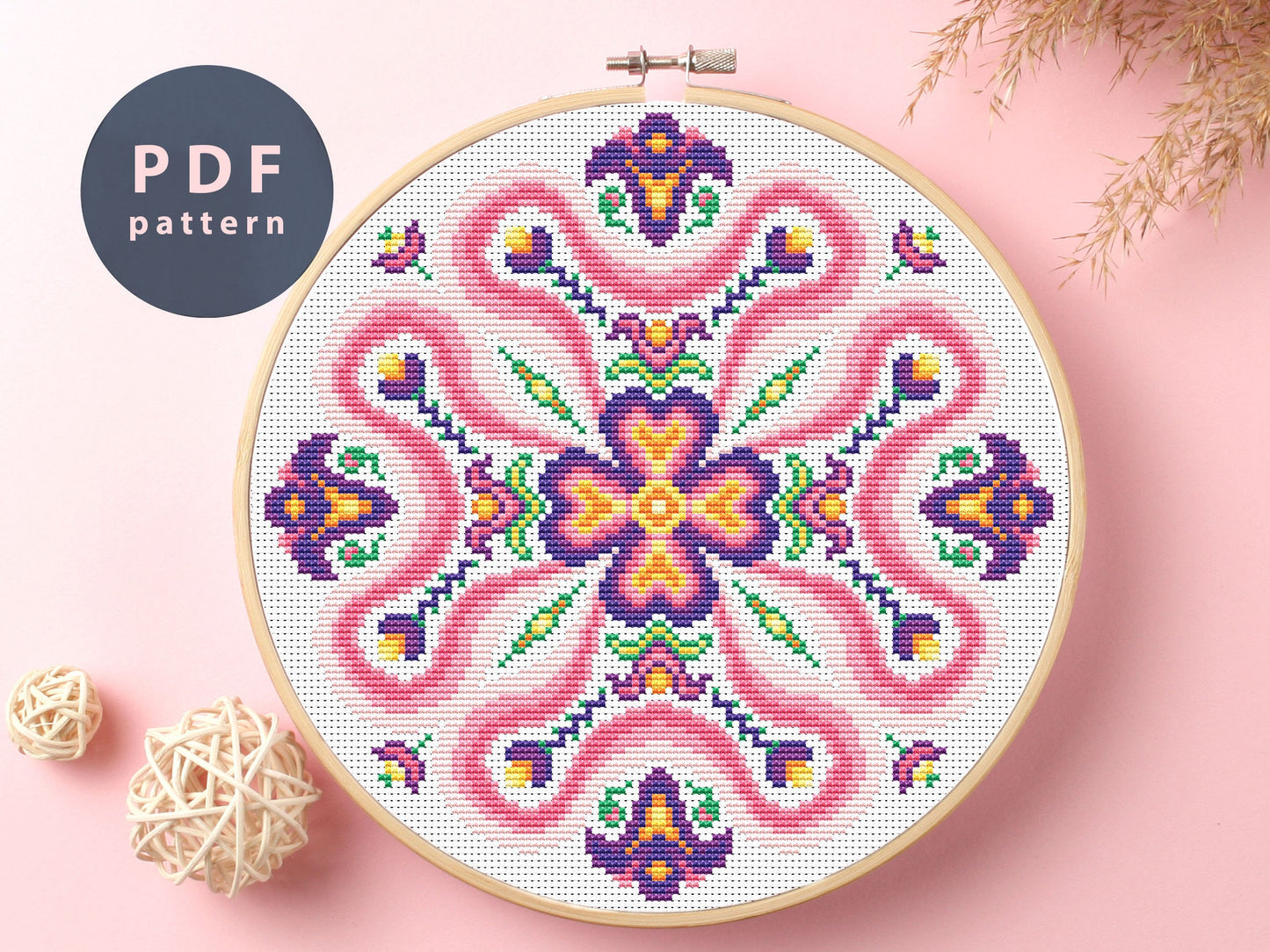 Pink Folk Ornament Cross Stitch Pattern (PDF Download)
