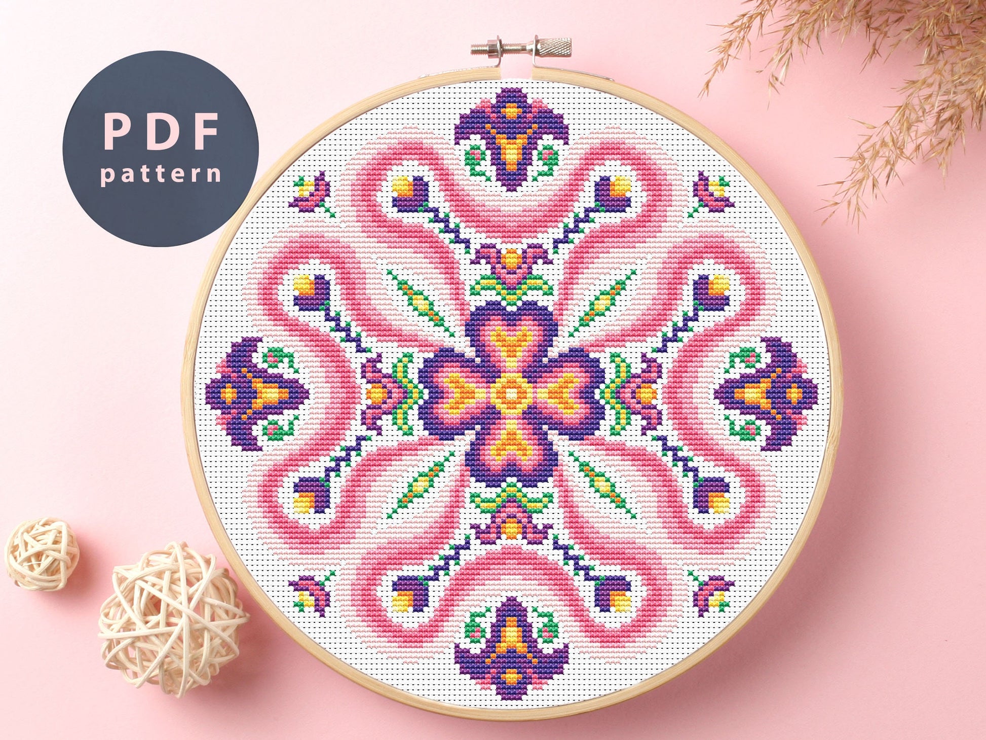 Pink Folk Ornament Cross Stitch Pattern (PDF Download)