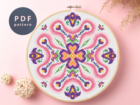 Pink Folk Ornament Cross Stitch Pattern (PDF Download)