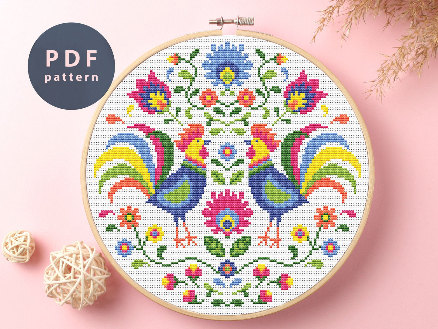 Roosters and Flowers Cross Stitch Pattern: Colorful Folk Art (Digital Download)