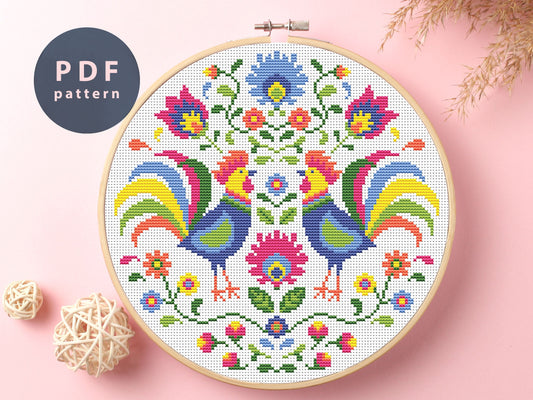Roosters and Flowers Cross Stitch Pattern: Colorful Folk Art (Digital Download)