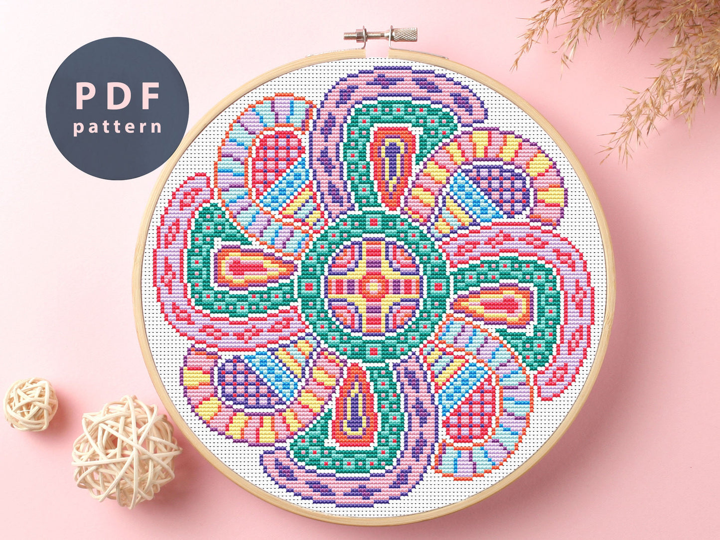 Etno Flower Cross Stitch Pattern: DIY Floral Ornament (PDF Pattern)