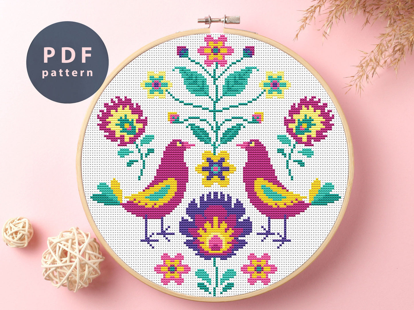 Loving Birds Cross Stitch Pattern: Violet Floral Home Decor (PDF Pattern)