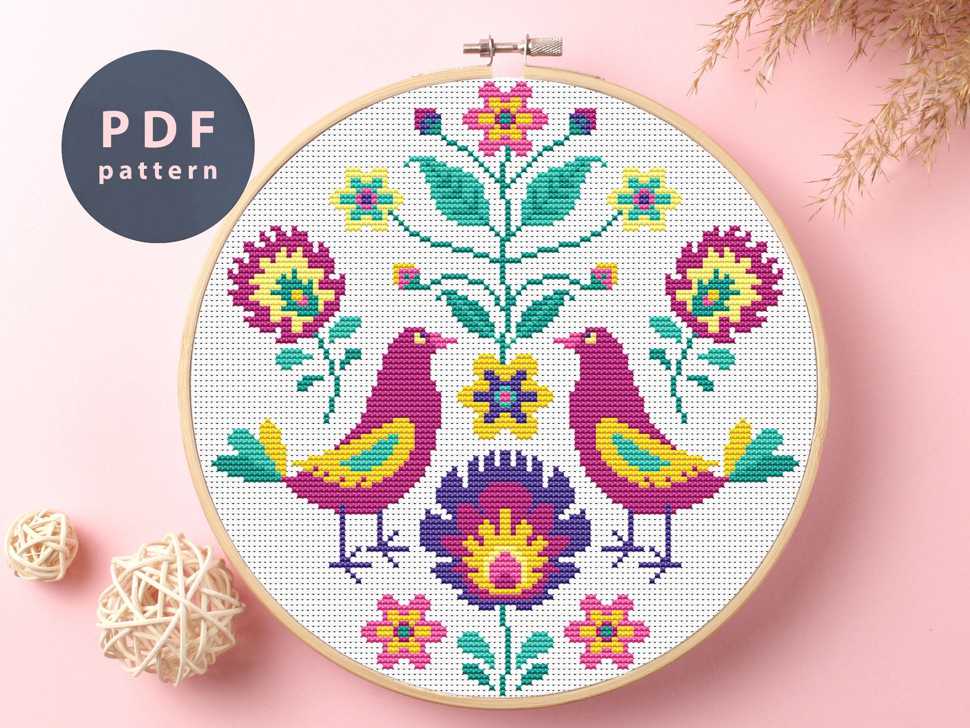 Loving Birds Cross Stitch Pattern: Violet Floral Home Decor (PDF Pattern)