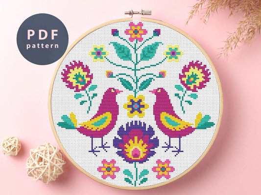 Loving Birds Cross Stitch Pattern: Violet Floral Home Decor (PDF Pattern)