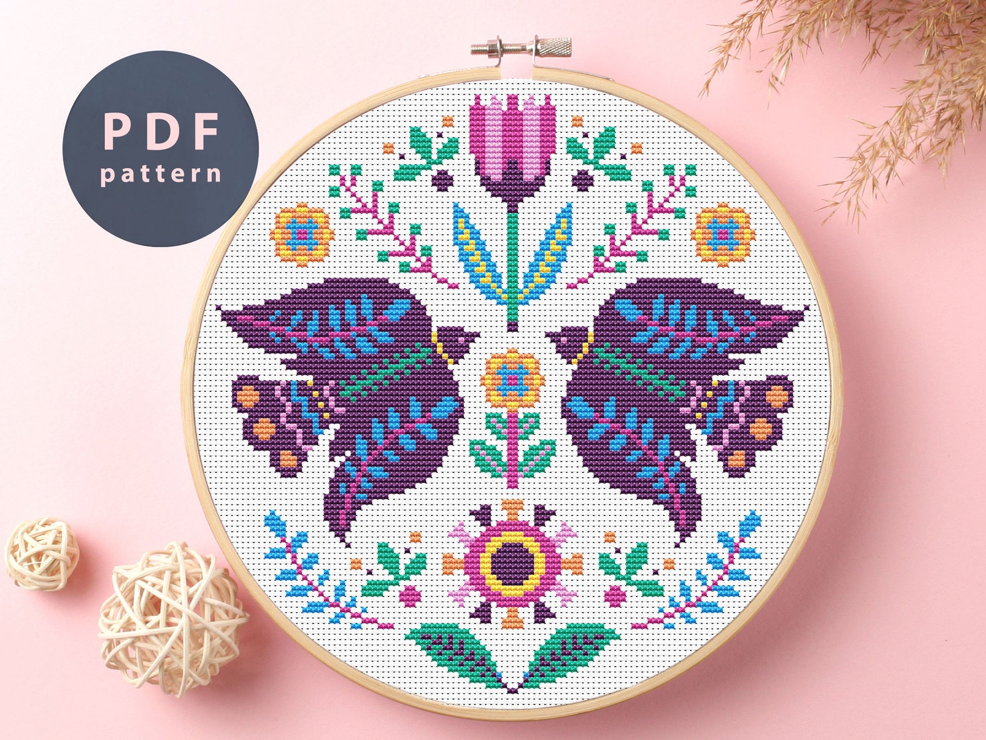 Flying Birds Cross Stitch Pattern: Floral Folk Art (PDF Pattern)