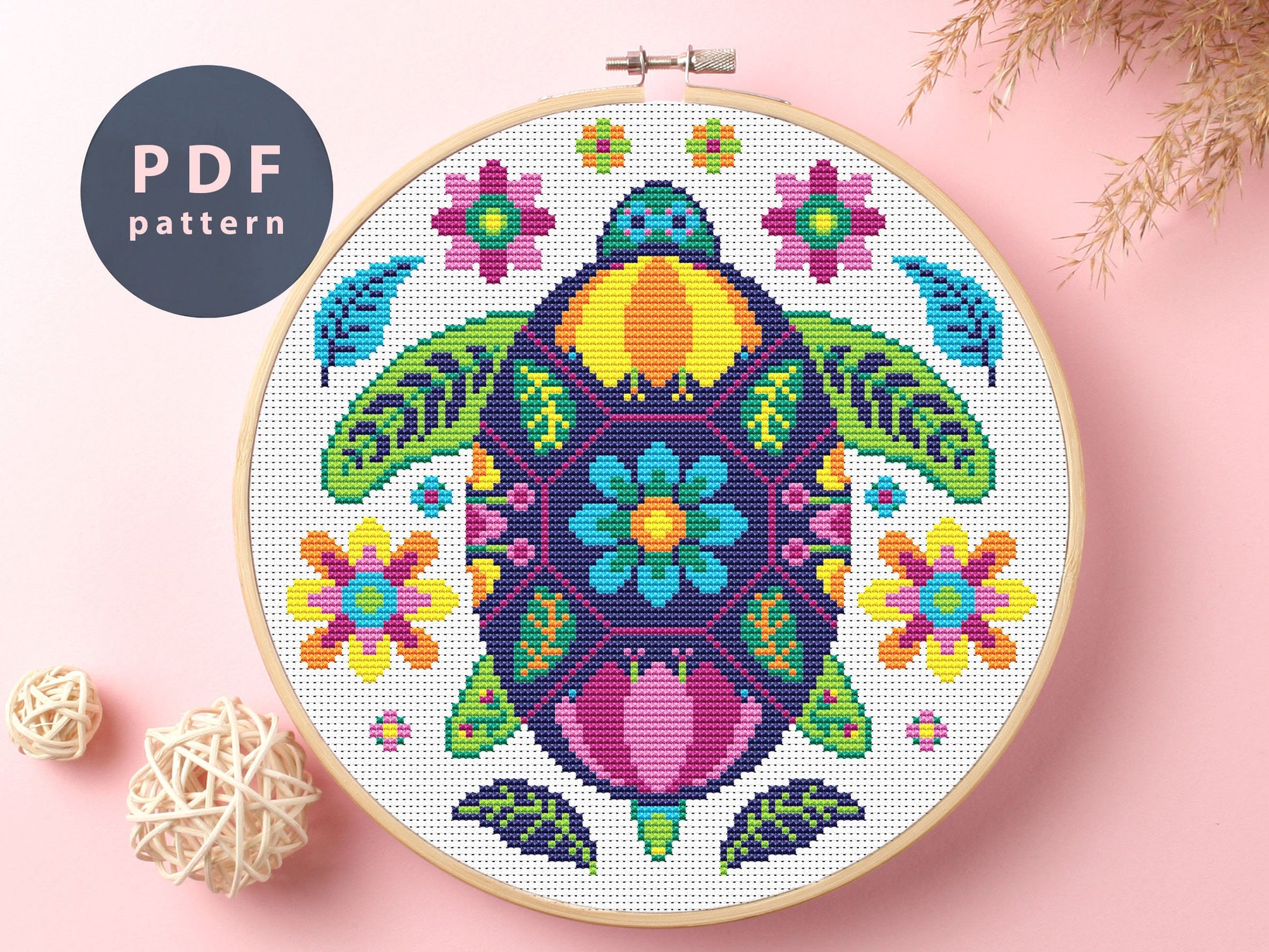 Turtle Cross Stitch Pattern: Floral Pet Ornament (Digital Download)