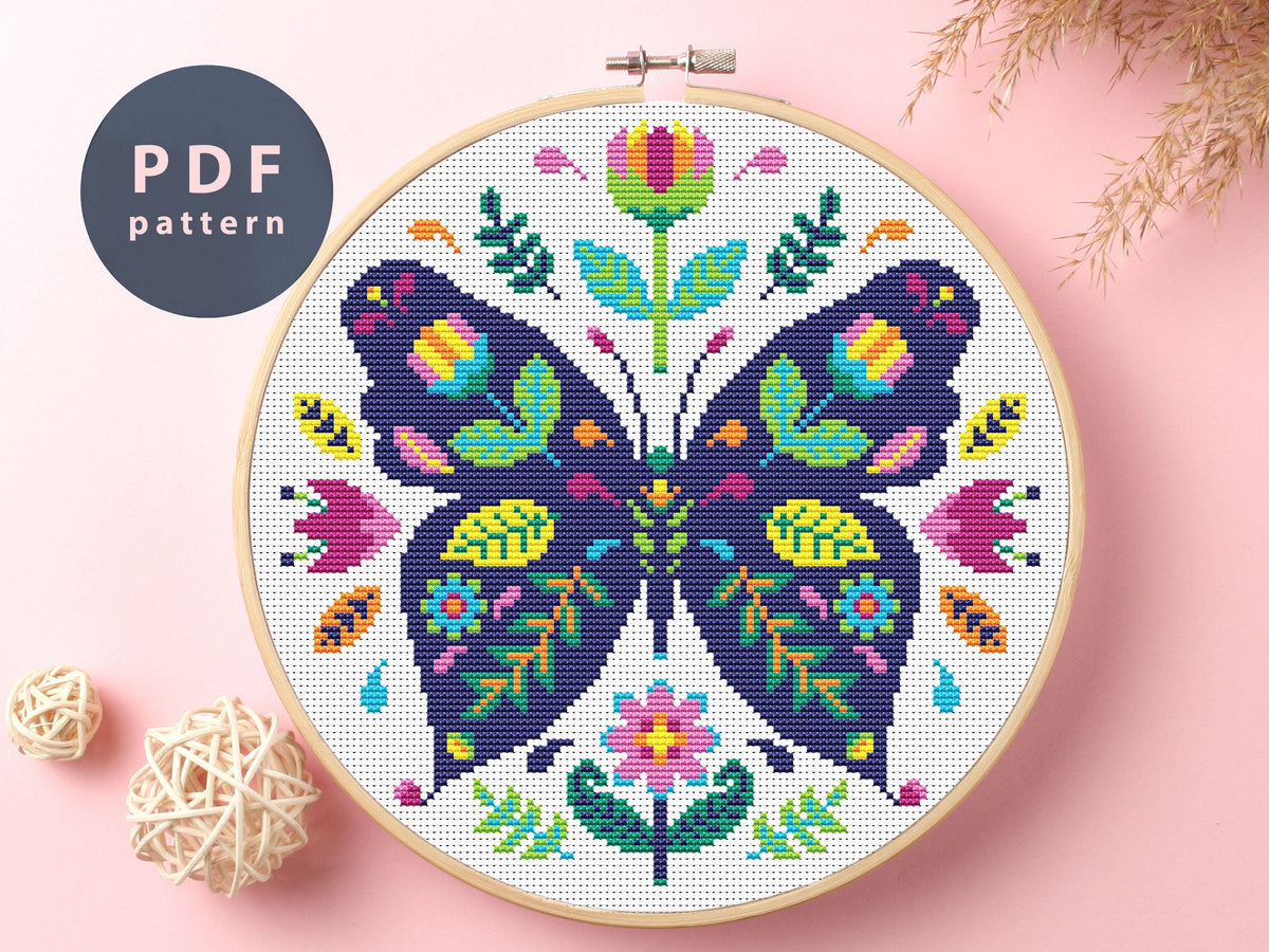 Etno Butterfly Cross Stitch Pattern: Cottagecore Floral Design (PDF Pa ...