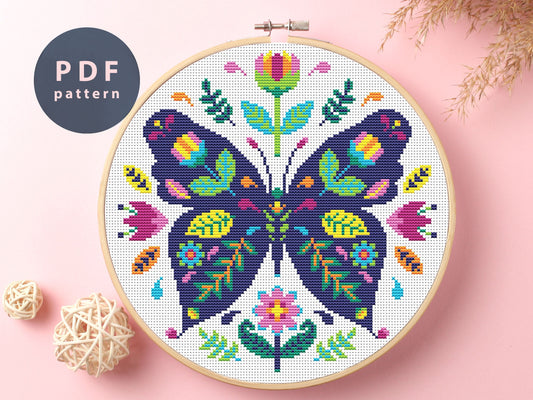 Etno Butterfly Cross Stitch Pattern: Cottagecore Floral Design (PDF Pattern)