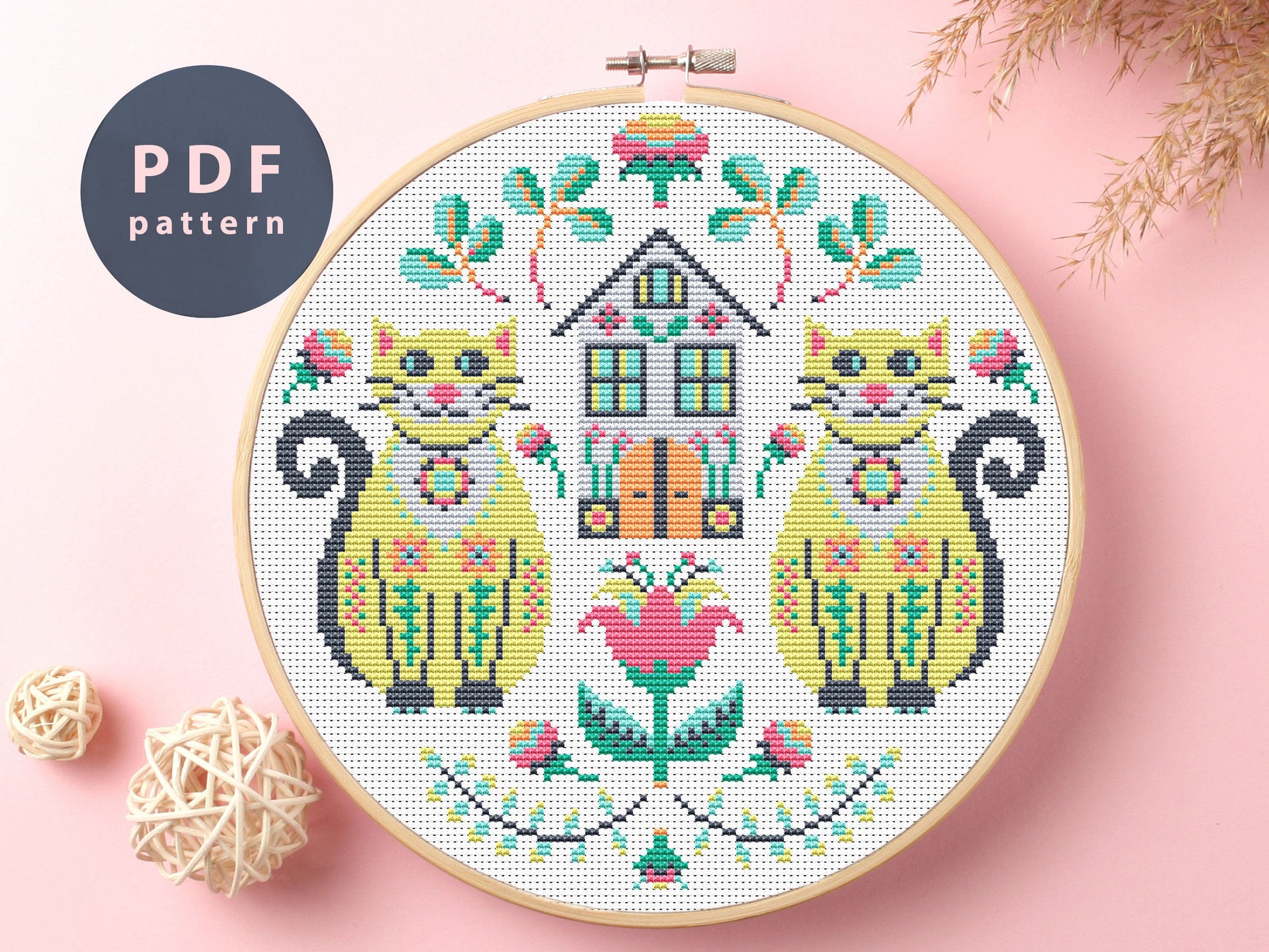 Cunning Cats Cross Stitch Pattern: Folk Art Embroidery (PDF Pattern)
