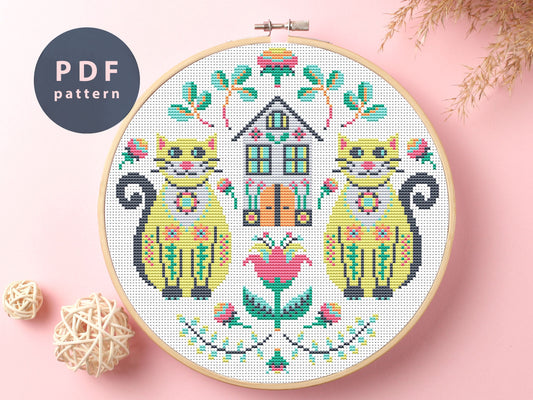 Cunning Cats Cross Stitch Pattern: Folk Art Embroidery (PDF Pattern)