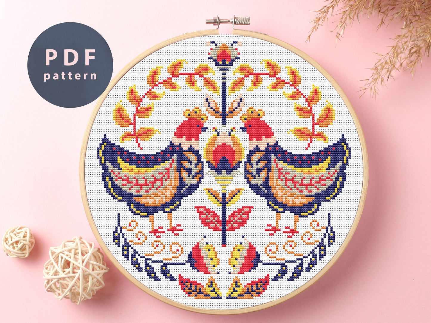 Chicken Ornament Cross Stitch Pattern: Folk Art Floral (PDF Pattern)