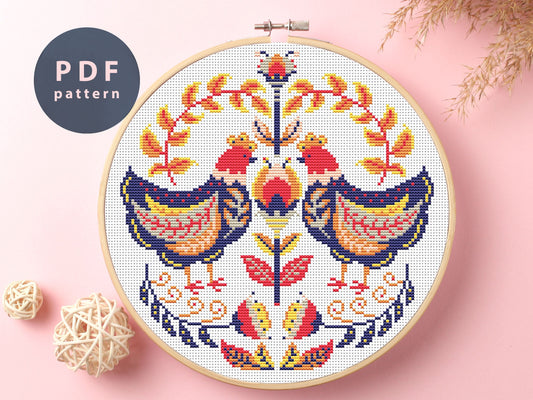 Chicken Ornament Cross Stitch Pattern: Folk Art Floral (PDF Pattern)