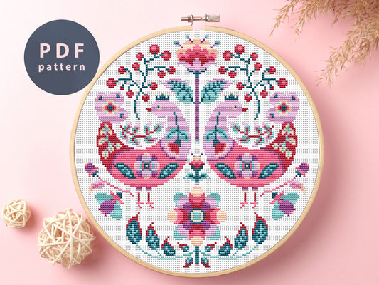 Birds In Flowers Cross Stitch Pattern: Cottagecore Embroidery (PDF Pattern)