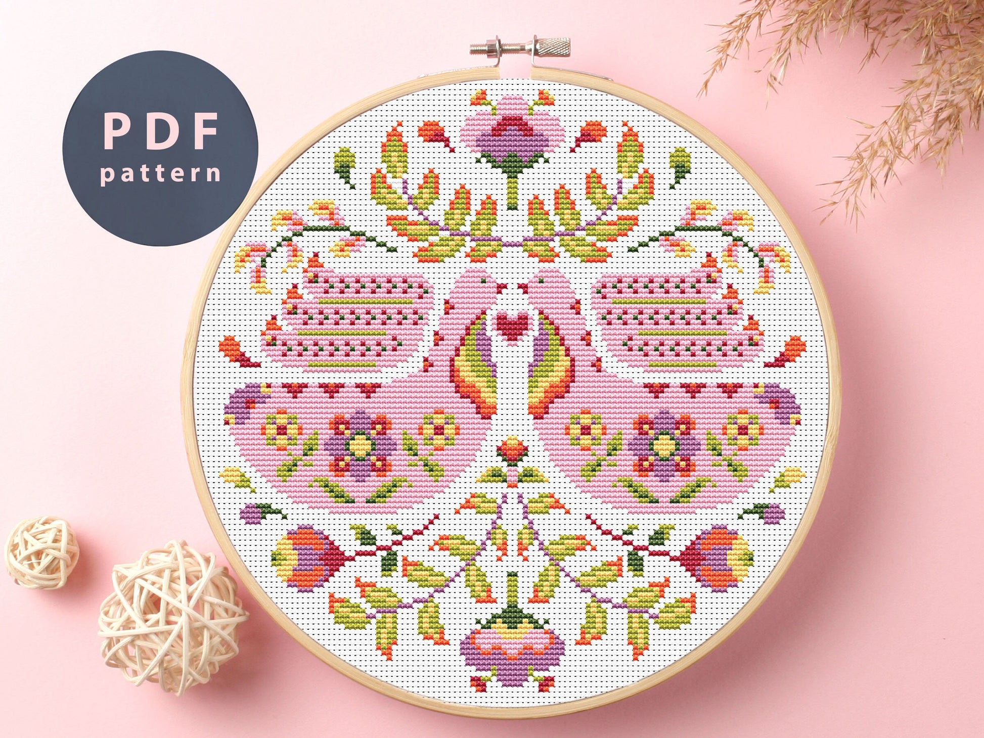 Love and Birds Cross Stitch Pattern: Violet Floral Design (Digital Download)
