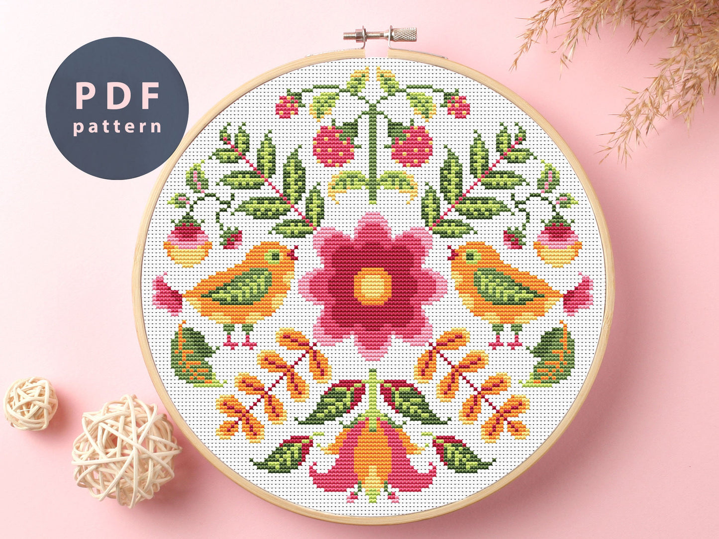 Birds and Berries Cross Stitch Pattern: Floral Ornament (PDF Pattern)