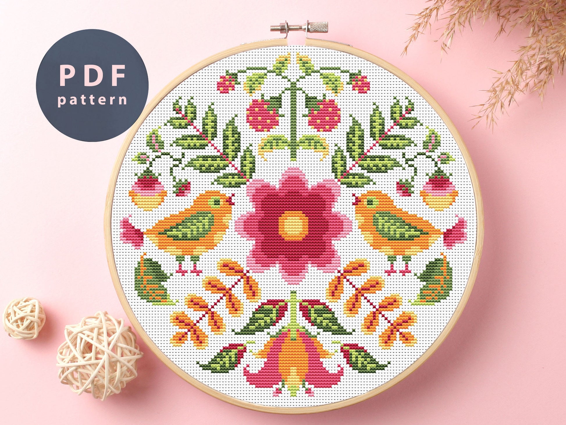 Birds and Berries Cross Stitch Pattern: Floral Ornament (PDF Pattern)