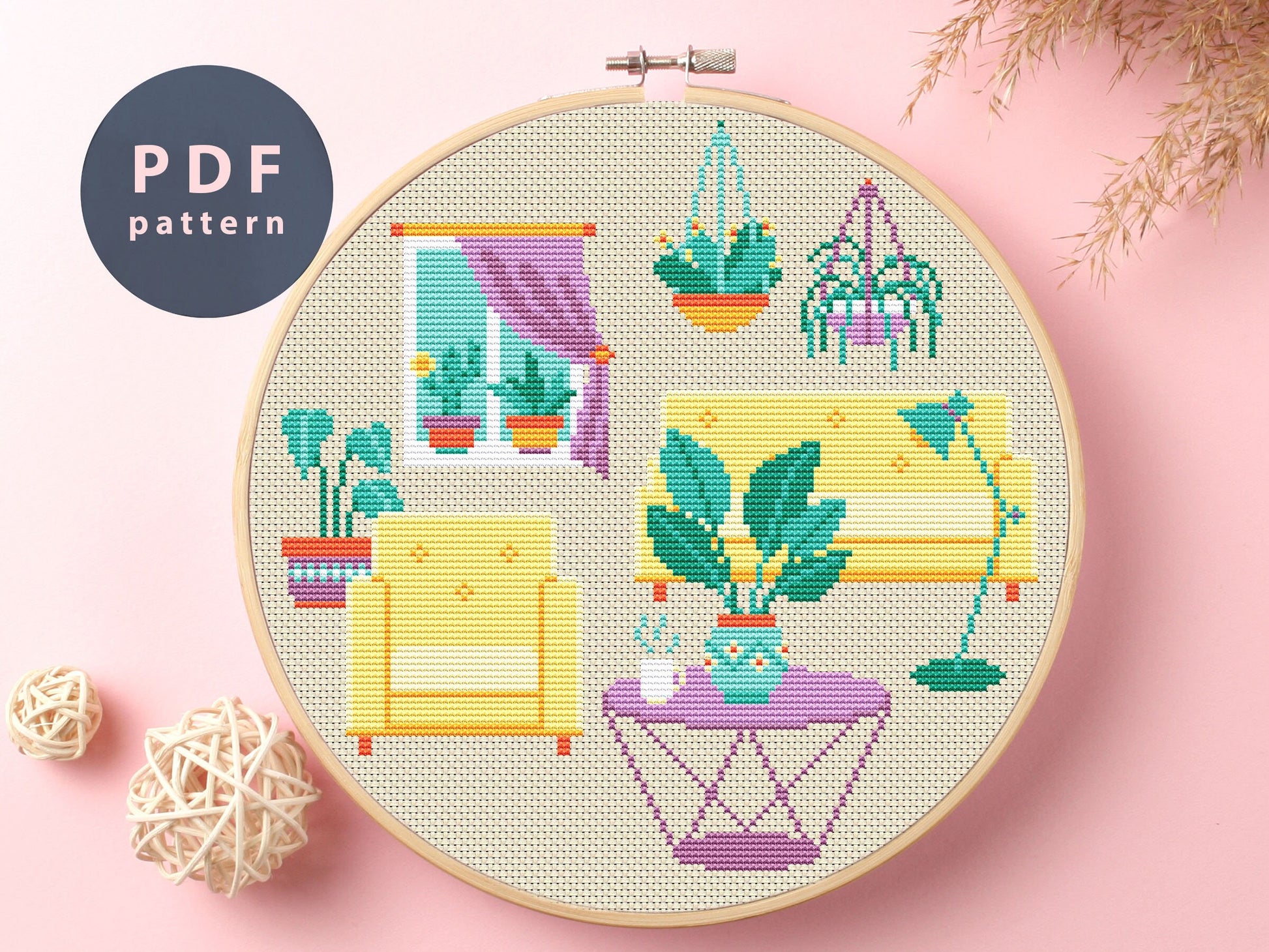 Yellow Sofa Cross Stitch Pattern: Home Plants Decor (PDF Pattern)