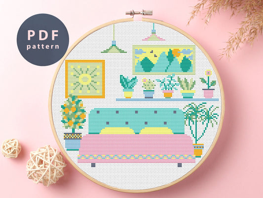 Sweet Place Cross Stitch Pattern: Retro Room Interior (PDF Pattern)